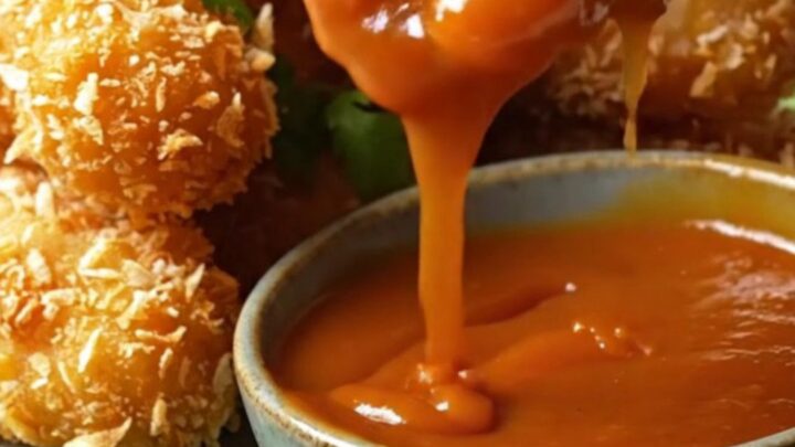 Golden crispy coconut crusted chicken tenders stacked on a platter with sweet chili sauce