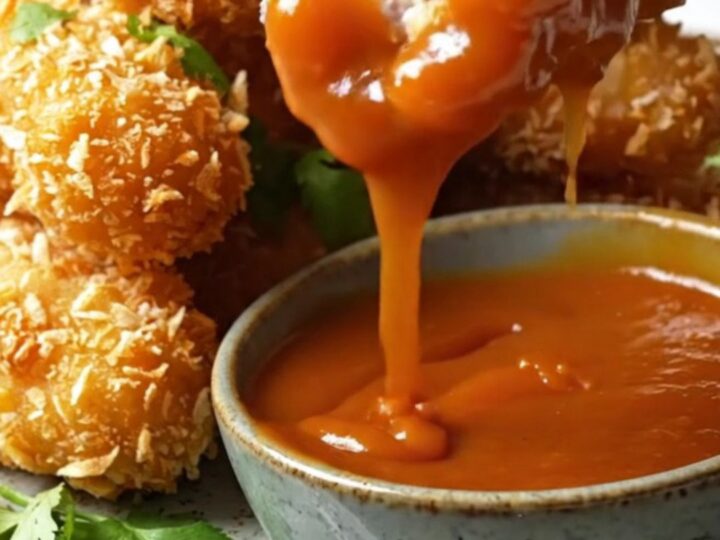 Golden crispy coconut crusted chicken tenders stacked on a platter with sweet chili sauce