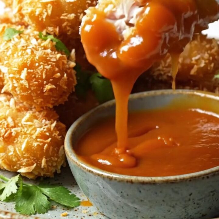 Golden crispy coconut crusted chicken tenders stacked on a platter with sweet chili sauce