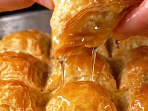 Triangle of golden baklava with green pistachio filling, syrup glaze on a plate