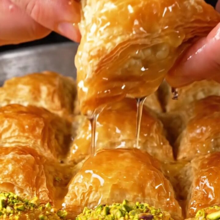 Triangle of golden baklava with green pistachio filling, syrup glaze on a plate