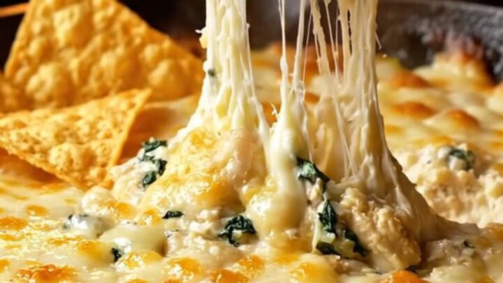 Creamy spinach artichoke dip in a cast-iron skillet with a tortilla chip scooping up melted cheese.