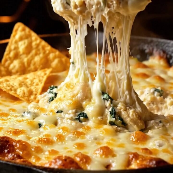 Creamy spinach artichoke dip in a cast-iron skillet with a tortilla chip scooping up melted cheese.