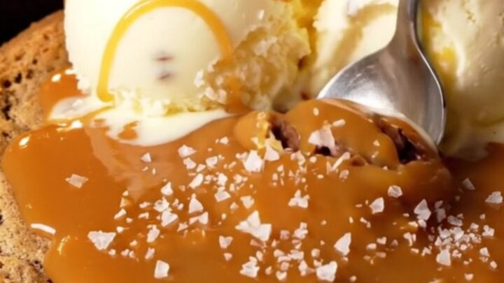 Warm skillet pizookie with vanilla gelato and caramel drizzle