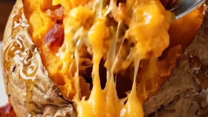 Loaded Hasselback sweet potatoes with melted cheddar and bacon, topped with jalapeño and sour cream