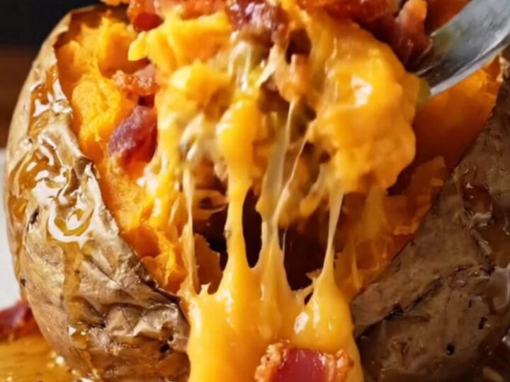 Loaded Hasselback sweet potatoes with melted cheddar and bacon, topped with jalapeño and sour cream