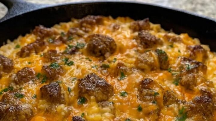 A steaming black cast-iron skillet filled with creamy cheddar rice and seared beef bites, topped with fresh parsley.