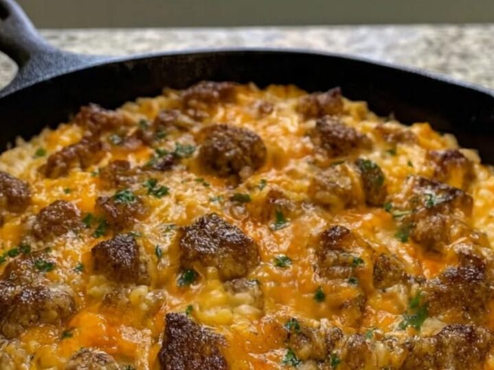 A steaming black cast-iron skillet filled with creamy cheddar rice and seared beef bites, topped with fresh parsley.