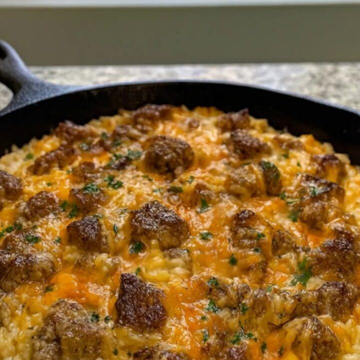 A steaming black cast-iron skillet filled with creamy cheddar rice and seared beef bites, topped with fresh parsley.