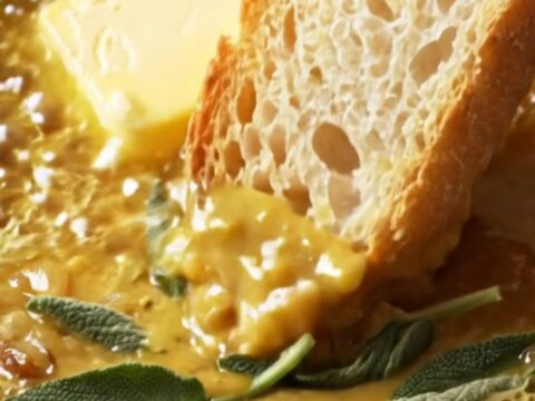 Velvety butternut squash bisque in a dark bowl, drizzled with sage brown butter and topped with crispy sage leaves.