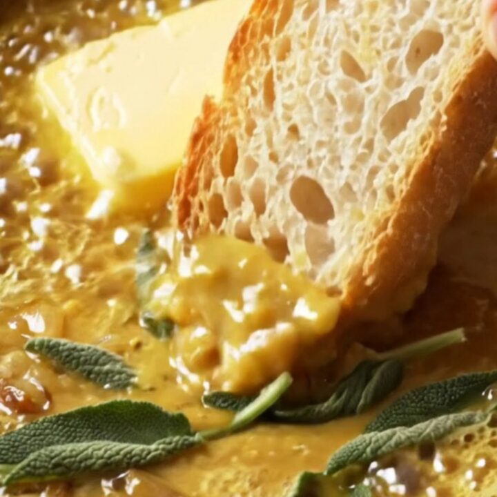 Velvety butternut squash bisque in a dark bowl, drizzled with sage brown butter and topped with crispy sage leaves.