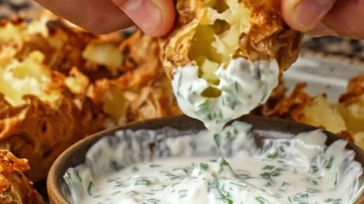 Crispy golden smashed baby potatoes with flaky salt and a bowl of herb sour cream dip