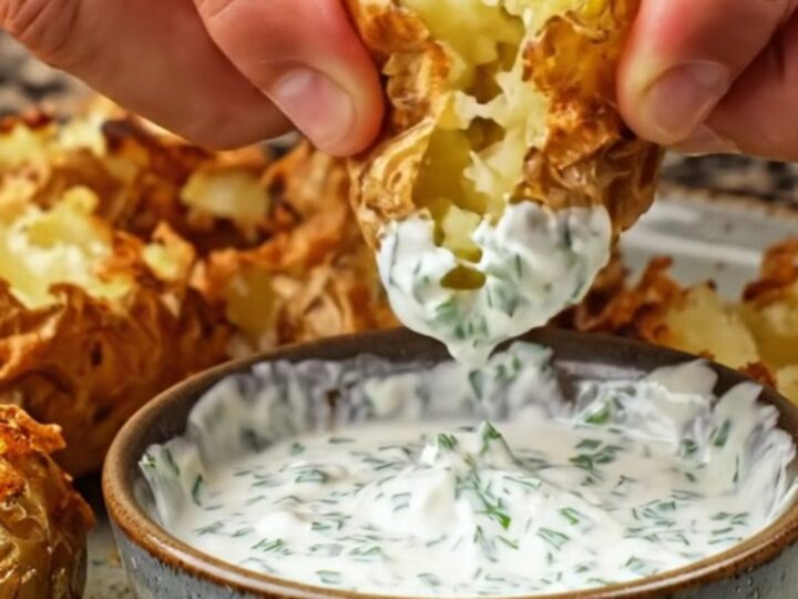 Crispy golden smashed baby potatoes with flaky salt and a bowl of herb sour cream dip