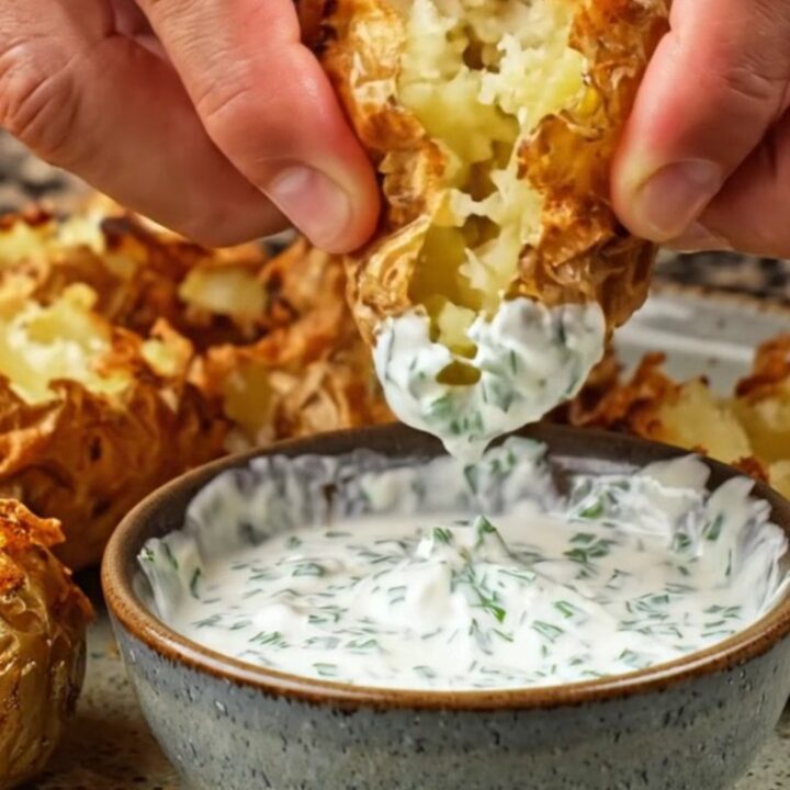 Crispy golden smashed baby potatoes with flaky salt and a bowl of herb sour cream dip