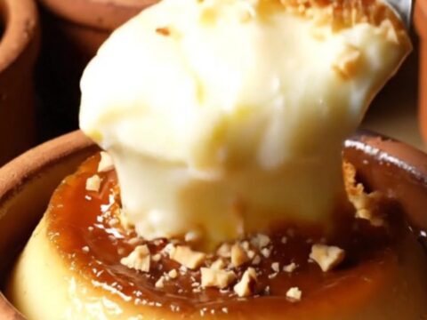 Caramelized baked milk pudding with blistered golden top and hazelnuts
