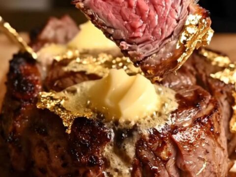 Gold-dusted Wagyu tomahawk steak with truffle bone marrow butter on a wooden board