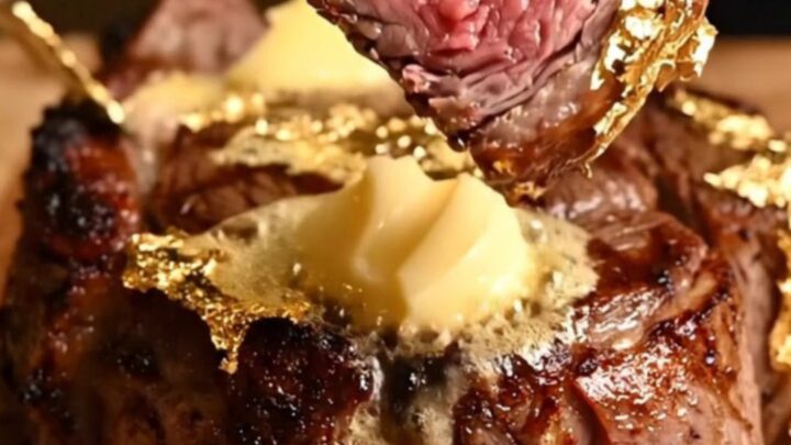 Gold-dusted Wagyu tomahawk steak with truffle bone marrow butter on a wooden board
