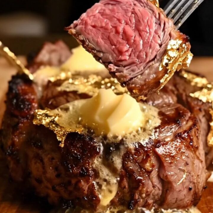 Gold-dusted Wagyu tomahawk steak with truffle bone marrow butter on a wooden board