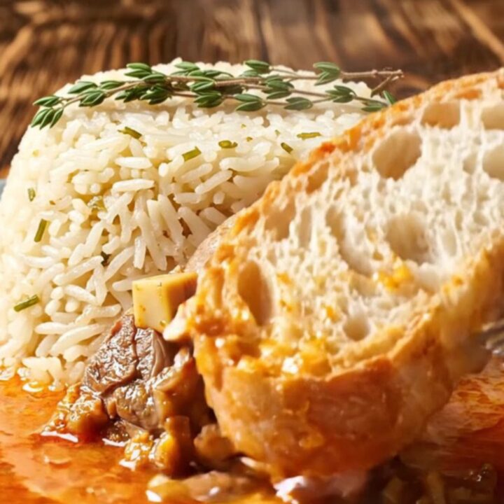 A clay pot filled with slow-braised lamb stew, with pearl onions and peppers in a rich red sauce