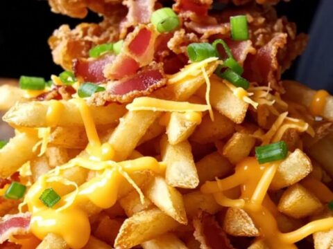 Crispy honey garlic chicken tenders on loaded bacon fries with melted cheddar and green onions.