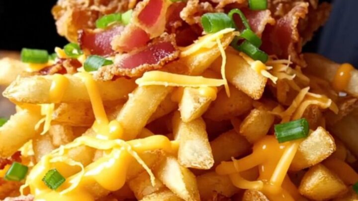 Crispy honey garlic chicken tenders on loaded bacon fries with melted cheddar and green onions.