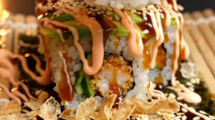 Sliced ebi tempura roll topped with avocado, drizzled with spicy mayo and unagi sauce