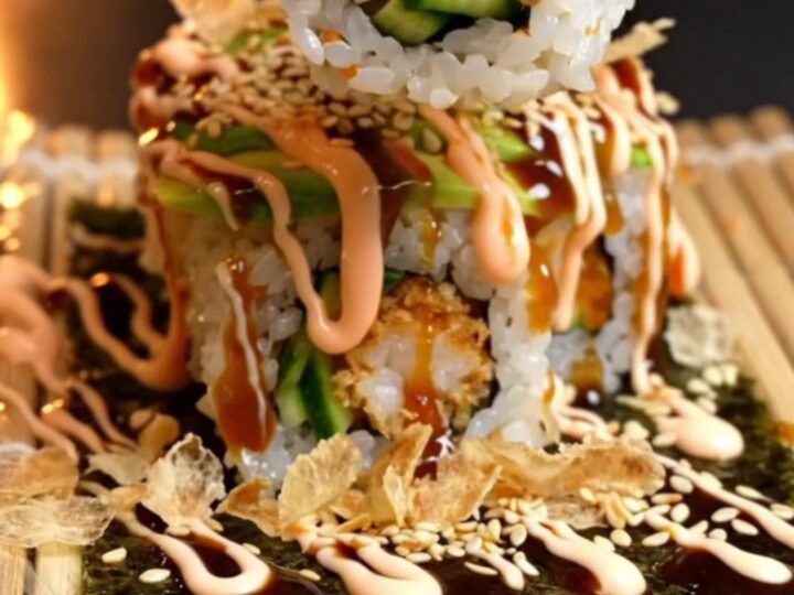 Sliced ebi tempura roll topped with avocado, drizzled with spicy mayo and unagi sauce