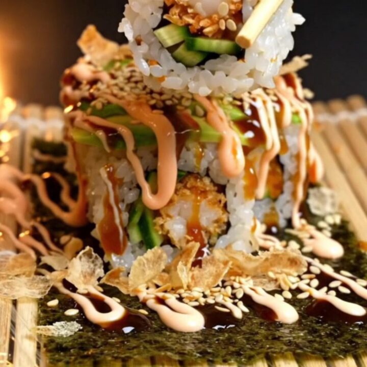 Sliced ebi tempura roll topped with avocado, drizzled with spicy mayo and unagi sauce