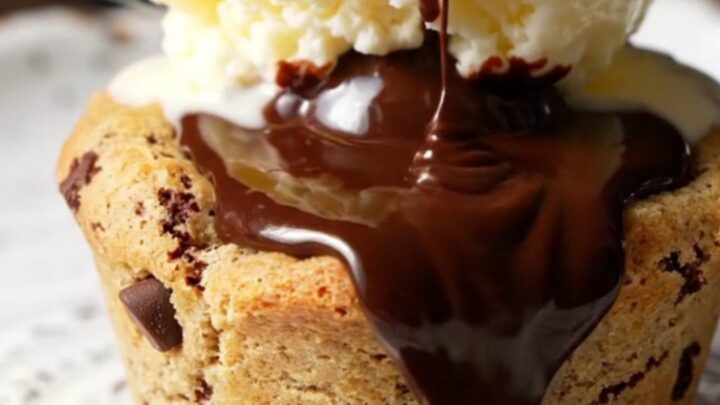 Warm chocolate chip cookie cup with molten chocolate lava flowing out, topped with a scoop of vanilla bean gelato