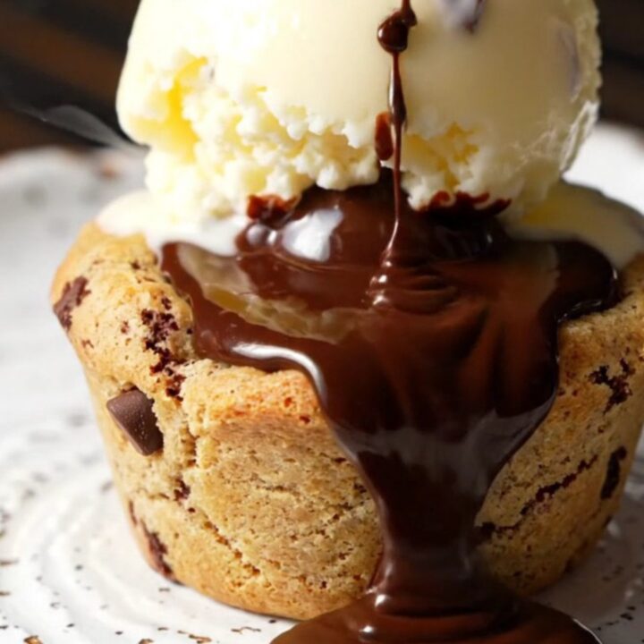 Warm chocolate chip cookie cup with molten chocolate lava flowing out, topped with a scoop of vanilla bean gelato