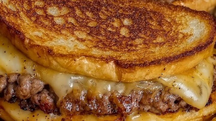 A golden-brown, butter-toasted patty melt cut in half, revealing a juicy beef patty and oozing melted cheese.