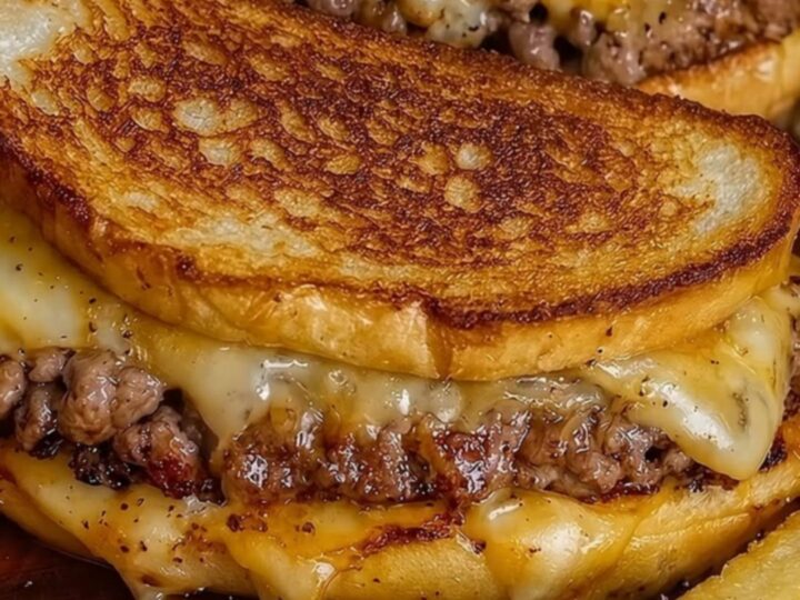 A golden-brown, butter-toasted patty melt cut in half, revealing a juicy beef patty and oozing melted cheese.