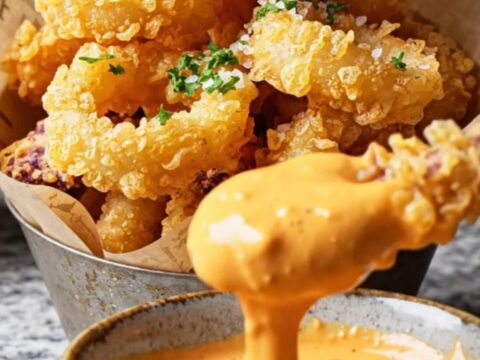 Crispy fried calamari rings with a side of spicy orange aioli, garnished with parsley and lemon wedges.