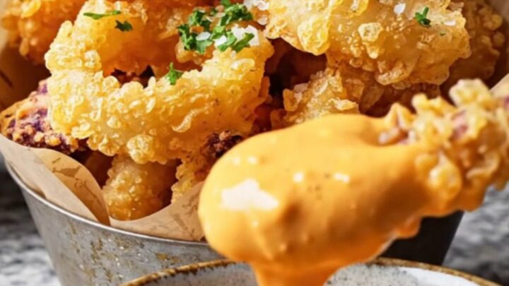Crispy fried calamari rings with a side of spicy orange aioli, garnished with parsley and lemon wedges.