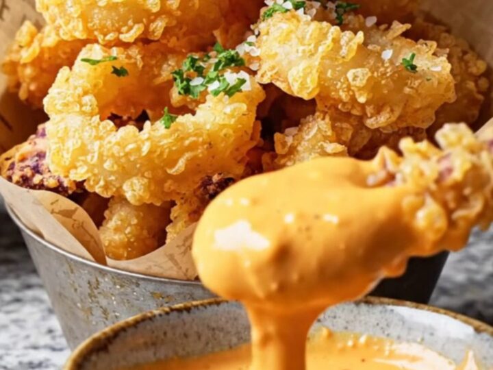 Crispy fried calamari rings with a side of spicy orange aioli, garnished with parsley and lemon wedges.