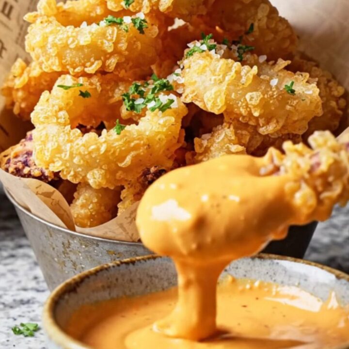 Crispy fried calamari rings with a side of spicy orange aioli, garnished with parsley and lemon wedges.