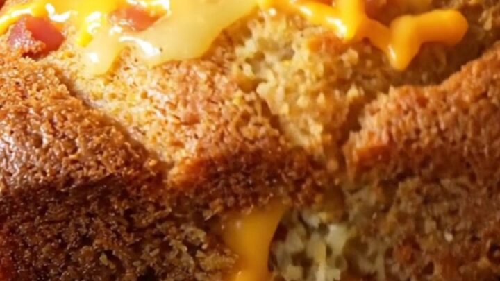 Loaded cornbread skillet with melted cheese and bacon, golden crust