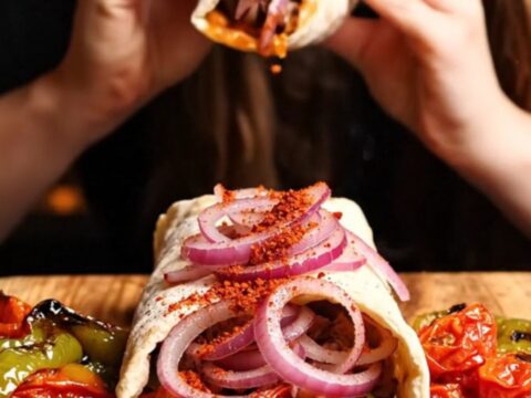 Turkish lamb dürüm with sumac onions and grilled tomatoes, wrapped in lavash