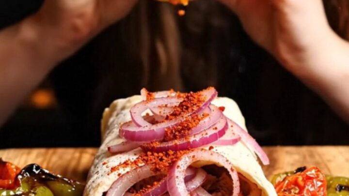 Turkish lamb dürüm with sumac onions and grilled tomatoes, wrapped in lavash