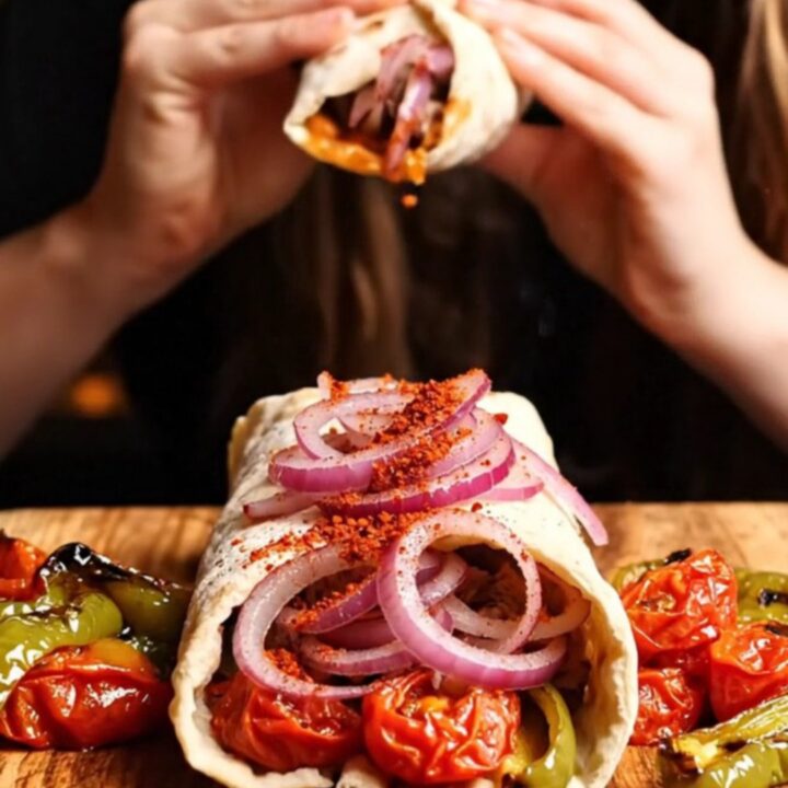 Turkish lamb dürüm with sumac onions and grilled tomatoes, wrapped in lavash