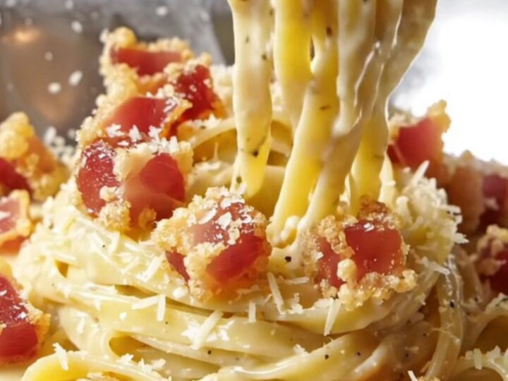 A fork twirling creamy truffle fettuccine carbonara topped with crispy guanciale cubes