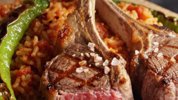 Grilled herb-marinated lamb chops on a platter with tomato bulgur pilaf and charred peppers