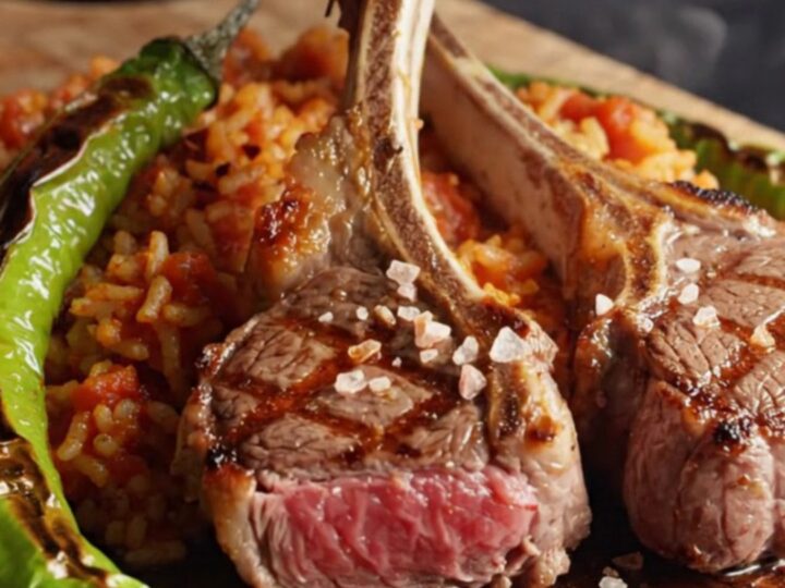Grilled herb-marinated lamb chops on a platter with tomato bulgur pilaf and charred peppers