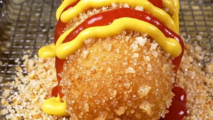 A sugar-dusted Korean corn dog with a long mozzarella pull, showing the crispy panko crust.