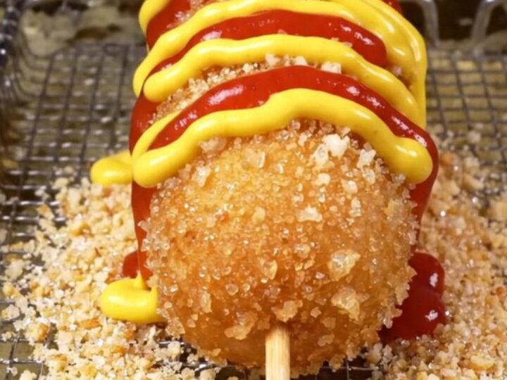 A sugar-dusted Korean corn dog with a long mozzarella pull, showing the crispy panko crust.