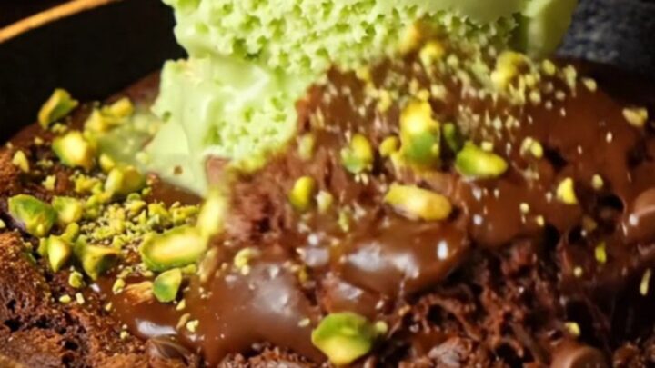 Warm chocolate skillet cookie with pistachio gelato melting on top, showing gooey center and crunchy pistachio pieces