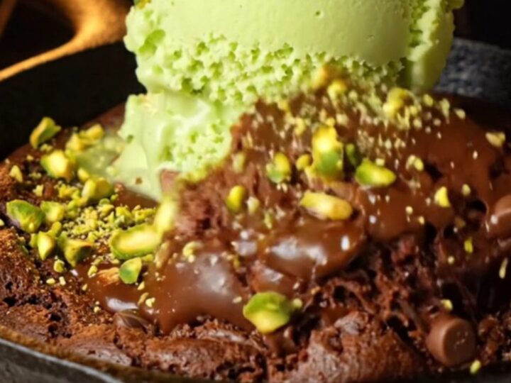 Warm chocolate skillet cookie with pistachio gelato melting on top, showing gooey center and crunchy pistachio pieces