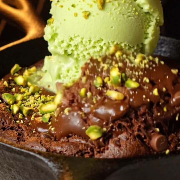 Warm chocolate skillet cookie with pistachio gelato melting on top, showing gooey center and crunchy pistachio pieces
