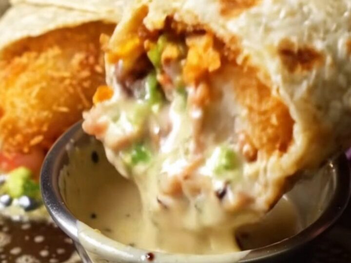 Crispy Baja fish burrito sliced in half showing golden cod, rice, beans, guacamole, and purple cabbage