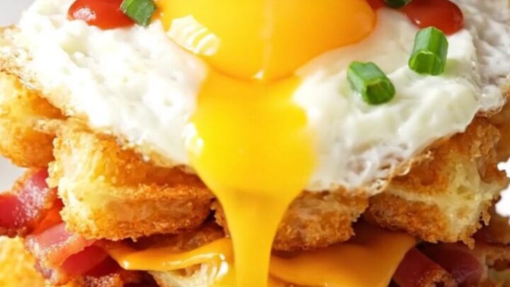 Crispy tater tot waffle topped with a fried egg, sriracha, and green onions